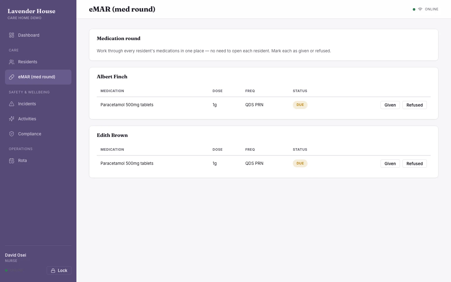 eMAR medication round in the ESRE care home demo, listing residents with their scheduled doses and administration status