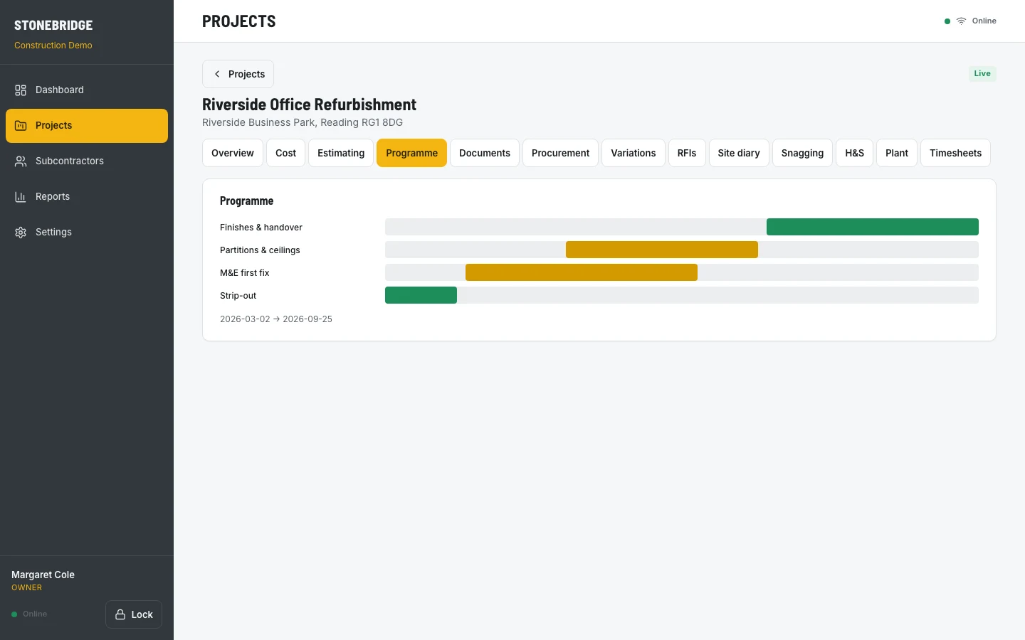 Project programme in the ESRE construction demo, with Gantt for strip-out, M&E, partitions and finishes phases