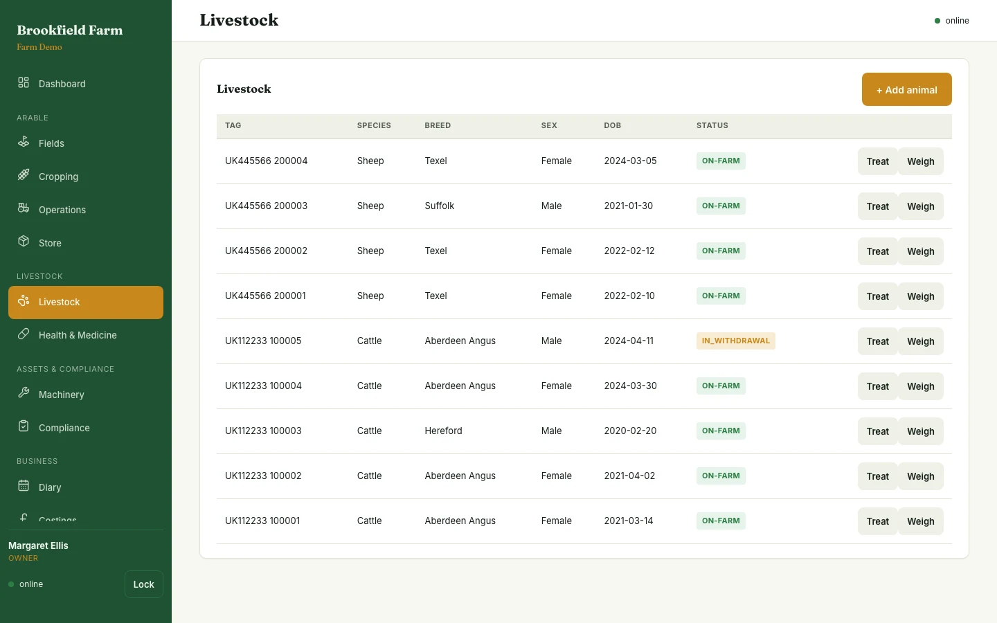 Livestock register in the ESRE farm demo, listing cattle with their BCMS movement status