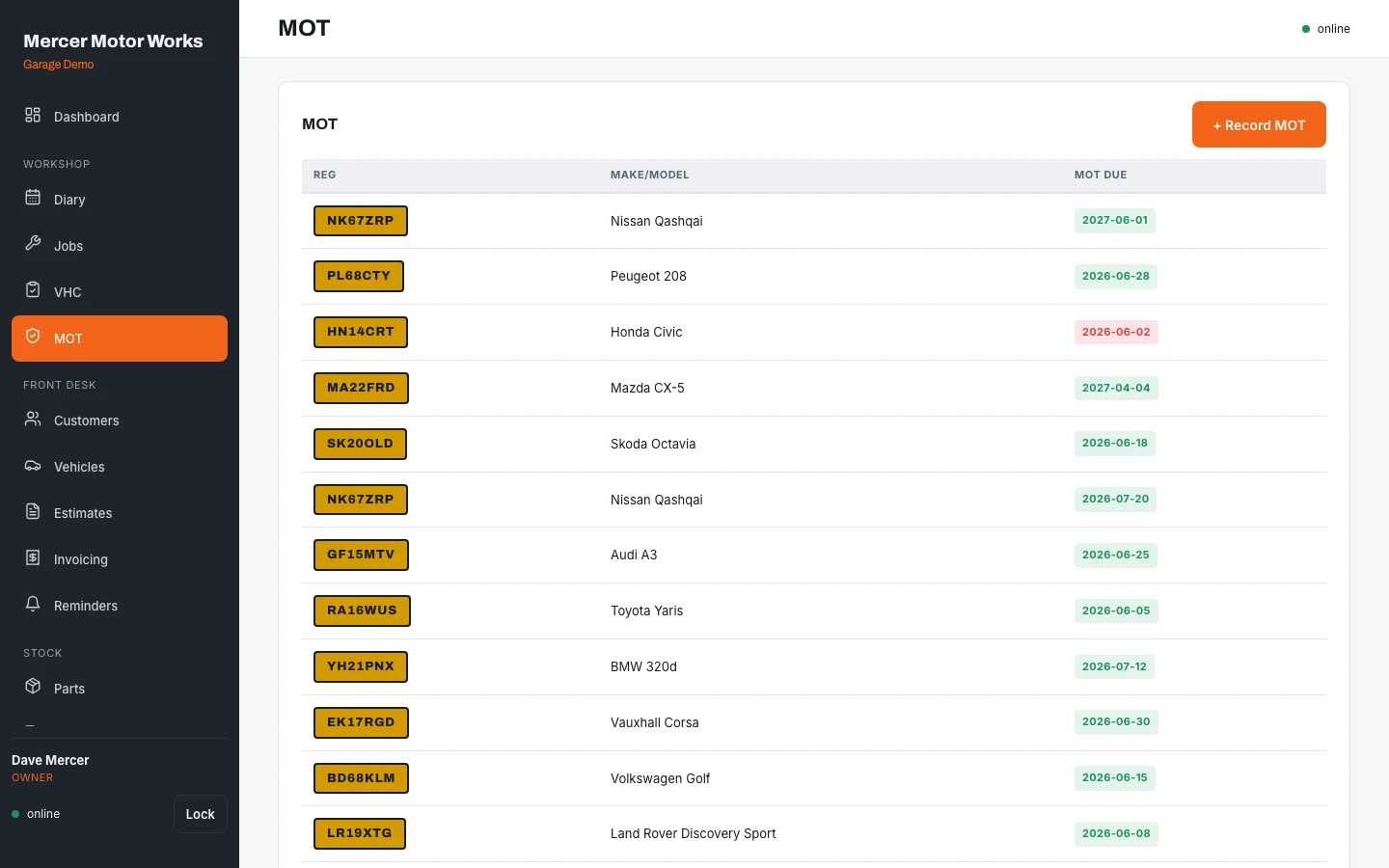 MOT-due list in the ESRE garage demo, listing vehicles with due dates, advisories and customer contact