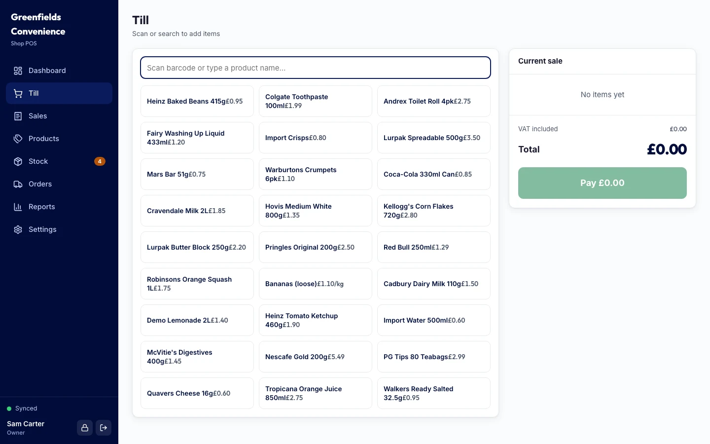 EPOS till in the ESRE retail demo, with live product list, prices, stock and transaction total